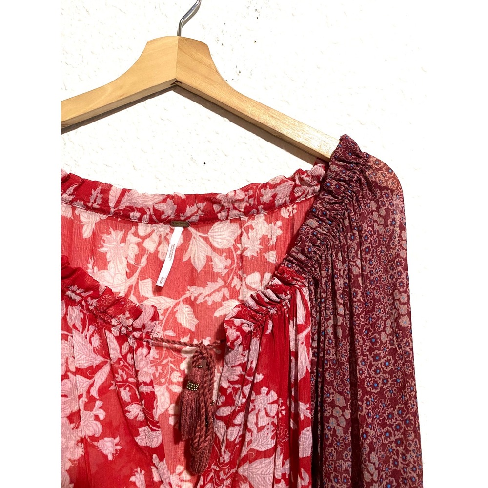 Free People Red Floral Boho Peasant Blouse